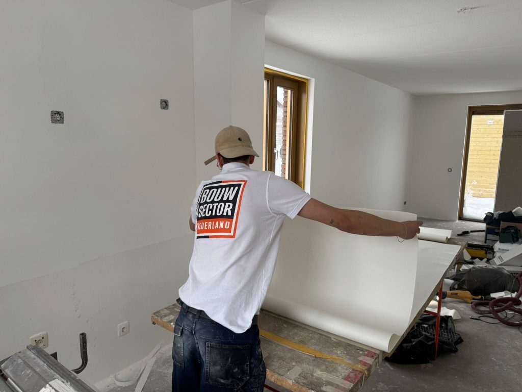 Vakman van Bouwsector Nederland brengt een baan renovlies aan op de wand